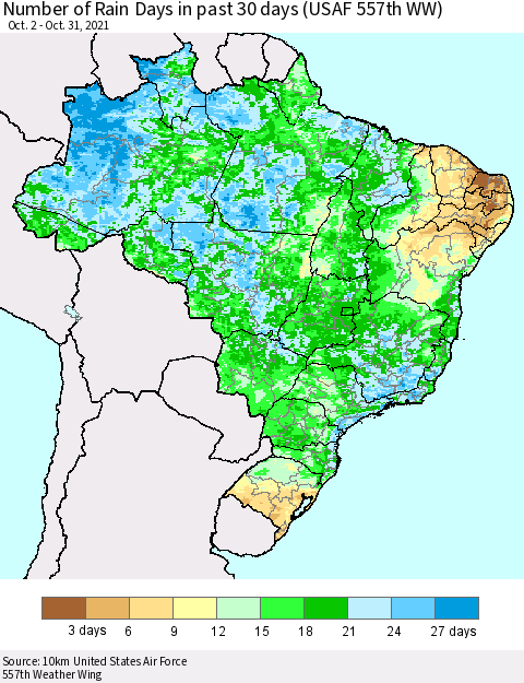 Brazil Number of Rain Days in past 30 days (USAF 557th WW) 10/31/2021 Thematic Map For 10/26/2021 - 10/31/2021