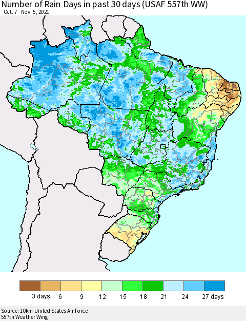 Brazil Number of Rain Days in past 30 days (USAF 557th WW) 11/05/2021 Thematic Map For 11/1/2021 - 11/5/2021
