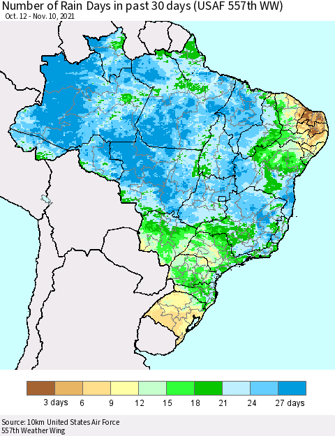 Brazil Number of Rain Days in past 30 days (USAF 557th WW) 11/10/2021 Thematic Map For 11/6/2021 - 11/10/2021