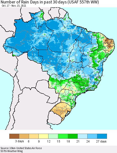 Brazil Number of Rain Days in past 30 days (USAF 557th WW) 11/15/2021 Thematic Map For 11/11/2021 - 11/15/2021