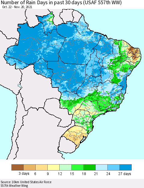 Brazil Number of Rain Days in past 30 days (USAF 557th WW) 11/20/2021 Thematic Map For 11/16/2021 - 11/20/2021