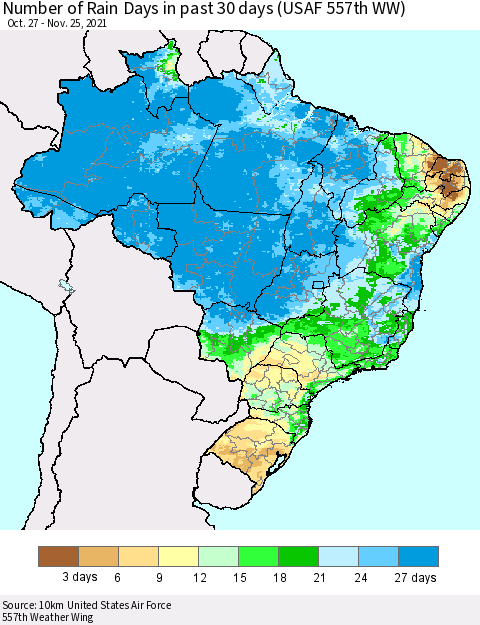 Brazil Number of Rain Days in past 30 days (USAF 557th WW) 11/25/2021 Thematic Map For 11/21/2021 - 11/25/2021