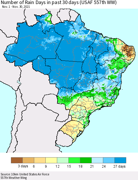 Brazil Number of Rain Days in past 30 days (USAF 557th WW) 11/30/2021 Thematic Map For 11/26/2021 - 11/30/2021