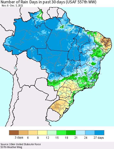 Brazil Number of Rain Days in past 30 days (USAF 557th WW) 12/05/2021 Thematic Map For 12/1/2021 - 12/5/2021
