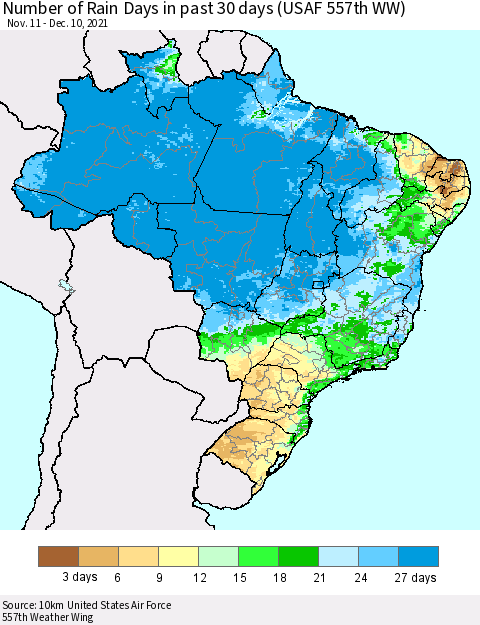 Brazil Number of Rain Days in past 30 days (USAF 557th WW) 12/10/2021 Thematic Map For 12/6/2021 - 12/10/2021
