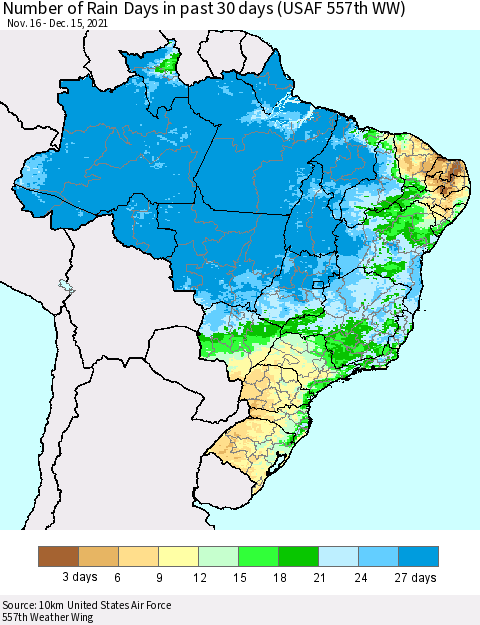 Brazil Number of Rain Days in past 30 days (USAF 557th WW) 12/15/2021 Thematic Map For 12/11/2021 - 12/15/2021