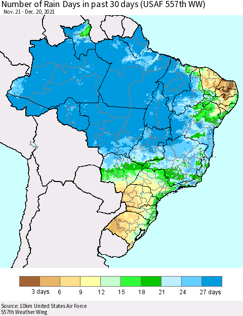 Brazil Number of Rain Days in past 30 days (USAF 557th WW) 12/20/2021 Thematic Map For 12/16/2021 - 12/20/2021