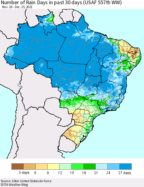 Brazil Number of Rain Days in past 30 days (USAF 557th WW) 12/25/2021 Thematic Map For 12/21/2021 - 12/25/2021