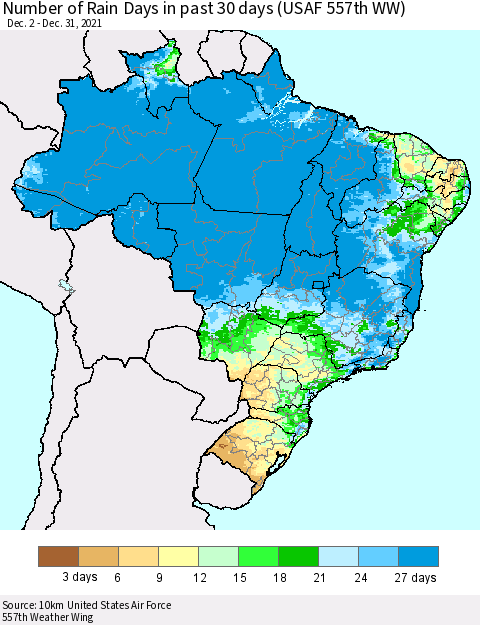 Brazil Number of Rain Days in past 30 days (USAF 557th WW) 12/31/2021 Thematic Map For 12/26/2021 - 12/31/2021