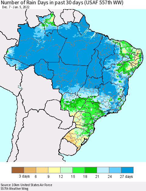 Brazil Number of Rain Days in past 30 days (USAF 557th WW) 01/05/2022 Thematic Map For 1/1/2022 - 1/5/2022