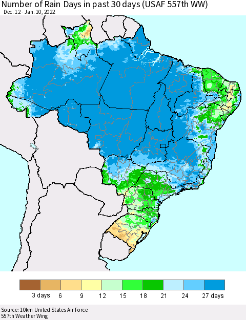 Brazil Number of Rain Days in past 30 days (USAF 557th WW) 01/10/2022 Thematic Map For 1/6/2022 - 1/10/2022