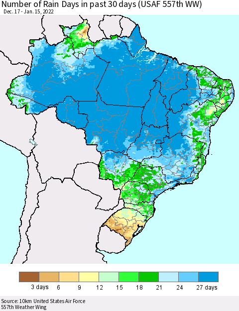 Brazil Number of Rain Days in past 30 days (USAF 557th WW) 01/15/2022 Thematic Map For 1/11/2022 - 1/15/2022