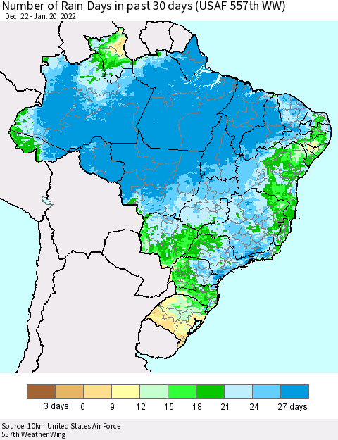 Brazil Number of Rain Days in past 30 days (USAF 557th WW) 01/20/2022 Thematic Map For 1/16/2022 - 1/20/2022