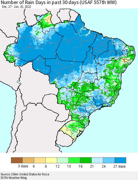 Brazil Number of Rain Days in past 30 days (USAF 557th WW) 01/25/2022 Thematic Map For 1/21/2022 - 1/25/2022
