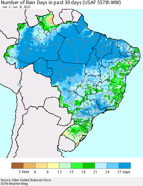 Brazil Number of Rain Days in past 30 days (USAF 557th WW) 01/31/2022 Thematic Map For 1/26/2022 - 1/31/2022