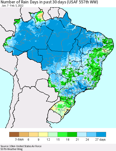 Brazil Number of Rain Days in past 30 days (USAF 557th WW) 02/05/2022 Thematic Map For 2/1/2022 - 2/5/2022