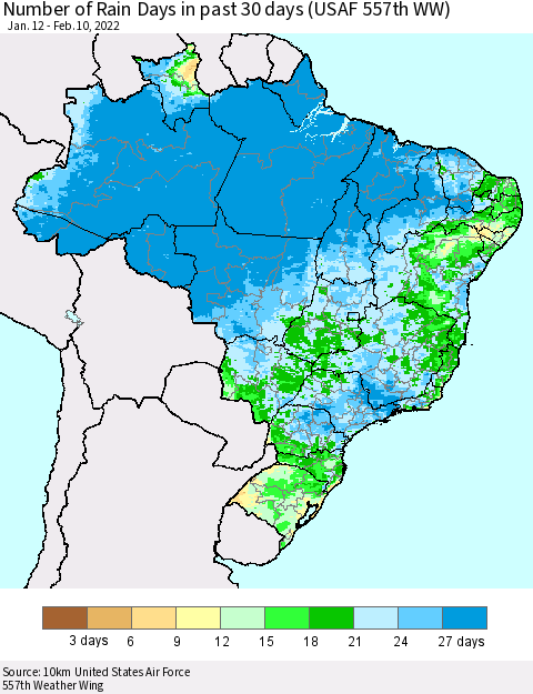 Brazil Number of Rain Days in past 30 days (USAF 557th WW) 02/10/2022 Thematic Map For 2/6/2022 - 2/10/2022