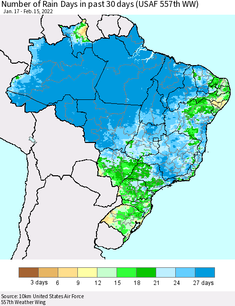 Brazil Number of Rain Days in past 30 days (USAF 557th WW) 02/15/2022 Thematic Map For 2/11/2022 - 2/15/2022