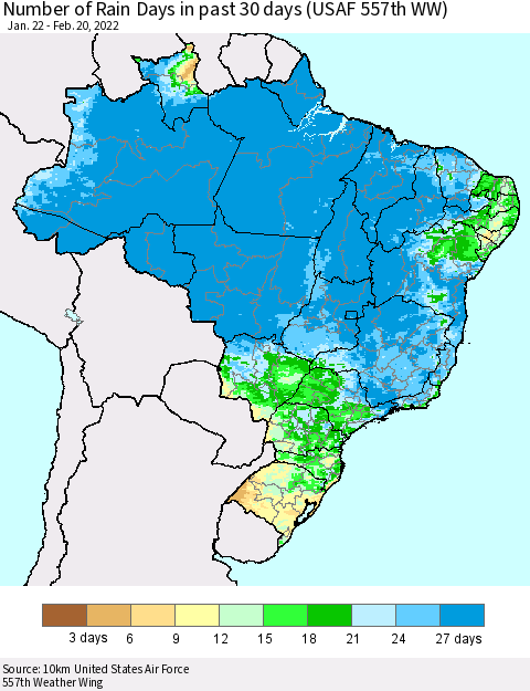 Brazil Number of Rain Days in past 30 days (USAF 557th WW) 02/20/2022 Thematic Map For 2/16/2022 - 2/20/2022