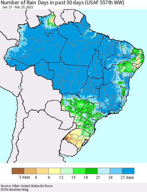 Brazil Number of Rain Days in past 30 days (USAF 557th WW) 02/25/2022 Thematic Map For 2/21/2022 - 2/25/2022