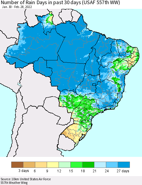 Brazil Number of Rain Days in past 30 days (USAF 557th WW) 02/28/2022 Thematic Map For 2/26/2022 - 2/28/2022