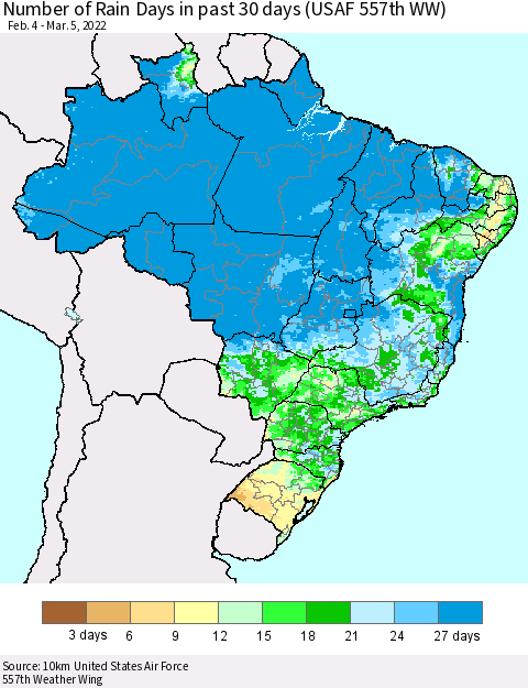 Brazil Number of Rain Days in past 30 days (USAF 557th WW) 03/05/2022 Thematic Map For 3/1/2022 - 3/5/2022