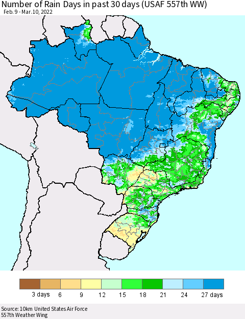 Brazil Number of Rain Days in past 30 days (USAF 557th WW) 03/10/2022 Thematic Map For 3/6/2022 - 3/10/2022
