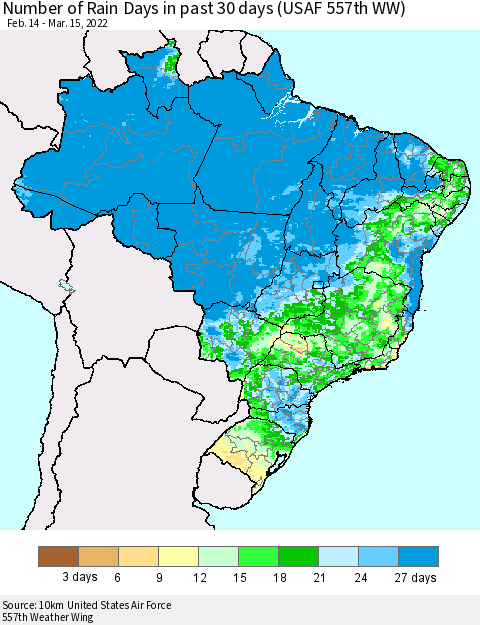 Brazil Number of Rain Days in past 30 days (USAF 557th WW) 03/15/2022 Thematic Map For 3/11/2022 - 3/15/2022