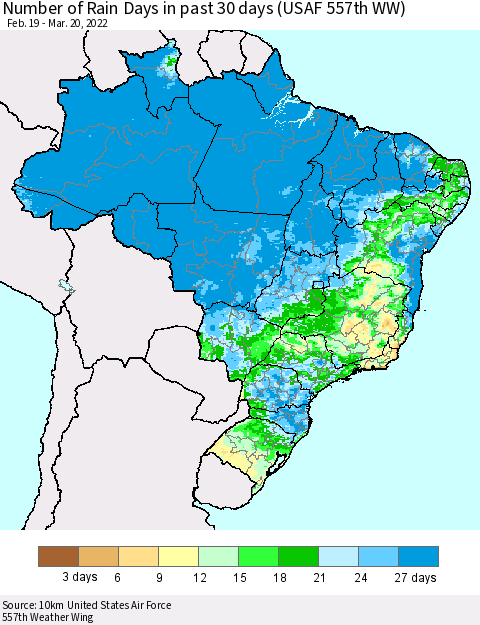 Brazil Number of Rain Days in past 30 days (USAF 557th WW) 03/20/2022 Thematic Map For 3/16/2022 - 3/20/2022