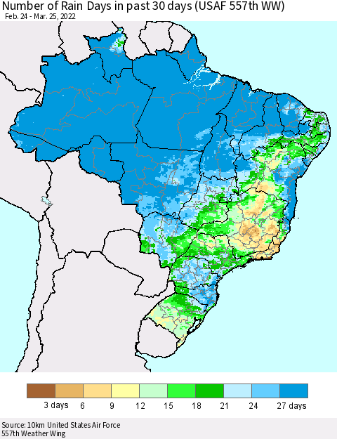 Brazil Number of Rain Days in past 30 days (USAF 557th WW) 03/25/2022 Thematic Map For 3/21/2022 - 3/25/2022
