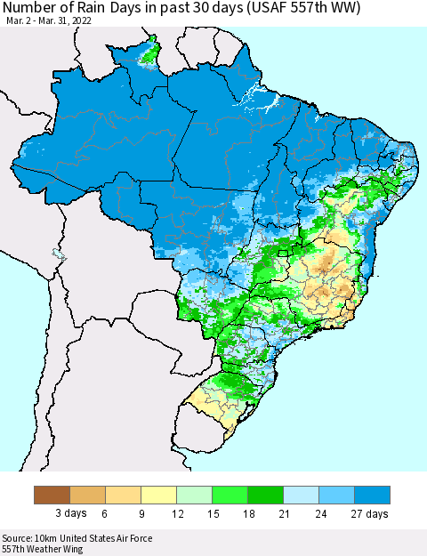 Brazil Number of Rain Days in past 30 days (USAF 557th WW) 03/31/2022 Thematic Map For 3/26/2022 - 3/31/2022