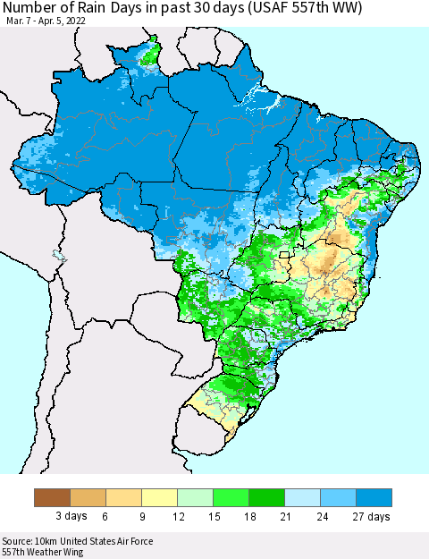 Brazil Number of Rain Days in past 30 days (USAF 557th WW) 04/05/2022 Thematic Map For 4/1/2022 - 4/5/2022