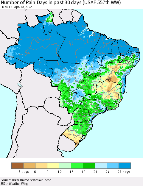 Brazil Number of Rain Days in past 30 days (USAF 557th WW) 04/10/2022 Thematic Map For 4/6/2022 - 4/10/2022