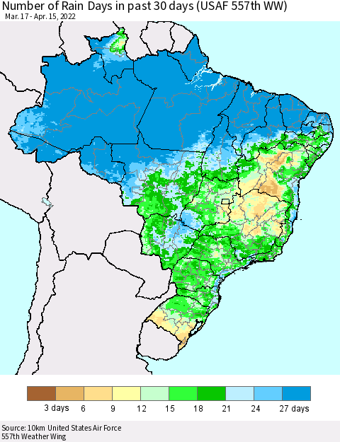 Brazil Number of Rain Days in past 30 days (USAF 557th WW) 04/15/2022 Thematic Map For 4/11/2022 - 4/15/2022
