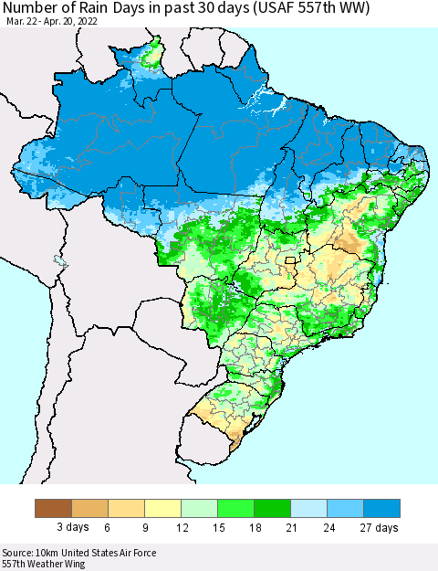 Brazil Number of Rain Days in past 30 days (USAF 557th WW) 04/20/2022 Thematic Map For 4/16/2022 - 4/20/2022