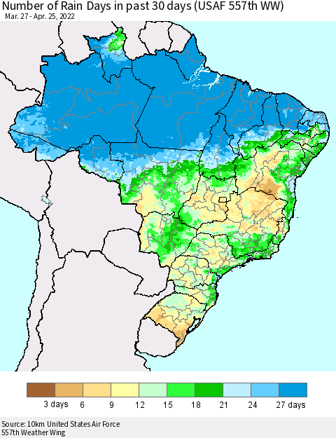 Brazil Number of Rain Days in past 30 days (USAF 557th WW) 04/25/2022 Thematic Map For 4/21/2022 - 4/25/2022