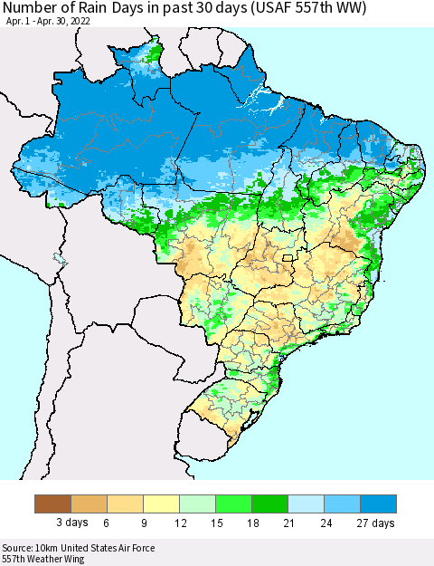 Brazil Number of Rain Days in past 30 days (USAF 557th WW) 04/30/2022 Thematic Map For 4/26/2022 - 4/30/2022