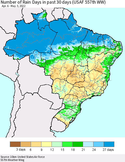 Brazil Number of Rain Days in past 30 days (USAF 557th WW) 05/05/2022 Thematic Map For 5/1/2022 - 5/5/2022