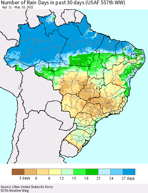 Brazil Number of Rain Days in past 30 days (USAF 557th WW) 05/10/2022 Thematic Map For 5/6/2022 - 5/10/2022
