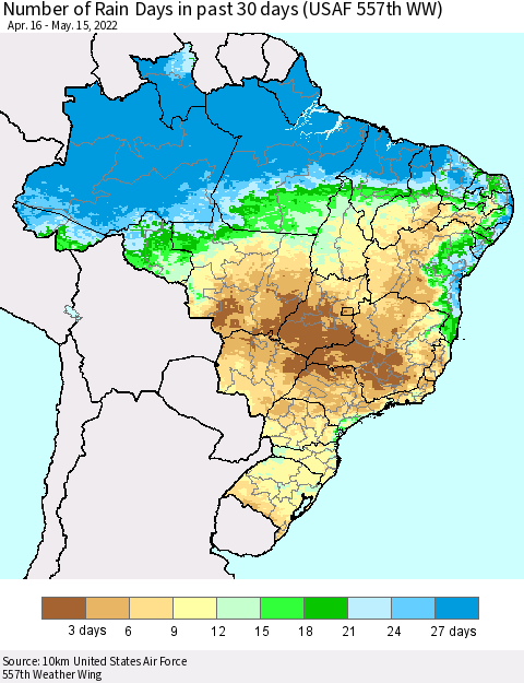 Brazil Number of Rain Days in past 30 days (USAF 557th WW) 05/15/2022 Thematic Map For 5/11/2022 - 5/15/2022