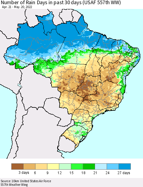 Brazil Number of Rain Days in past 30 days (USAF 557th WW) 05/20/2022 Thematic Map For 5/16/2022 - 5/20/2022