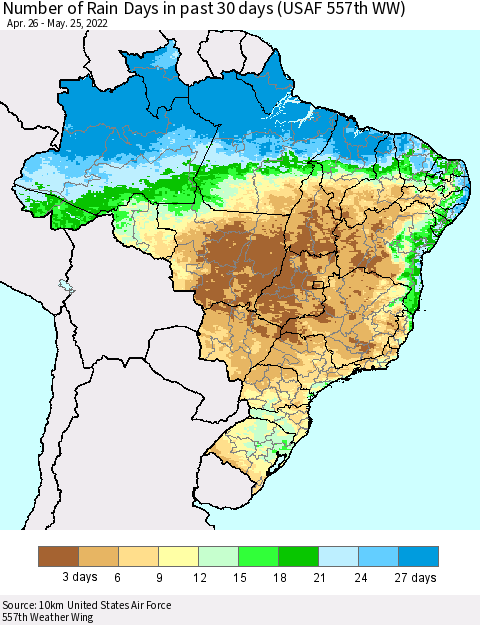 Brazil Number of Rain Days in past 30 days (USAF 557th WW) 05/25/2022 Thematic Map For 5/21/2022 - 5/25/2022