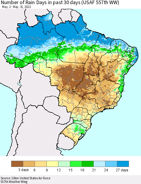Brazil Number of Rain Days in past 30 days (USAF 557th WW) 05/31/2022 Thematic Map For 5/26/2022 - 5/31/2022