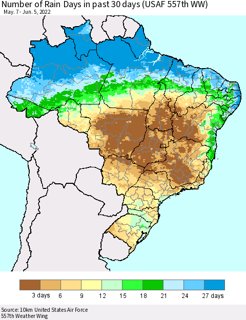 Brazil Number of Rain Days in past 30 days (USAF 557th WW) 06/05/2022 Thematic Map For 6/1/2022 - 6/5/2022