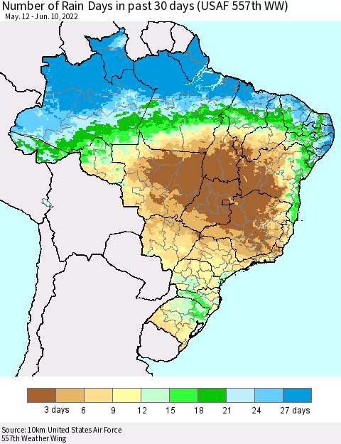 Brazil Number of Rain Days in past 30 days (USAF 557th WW) 06/10/2022 Thematic Map For 6/6/2022 - 6/10/2022