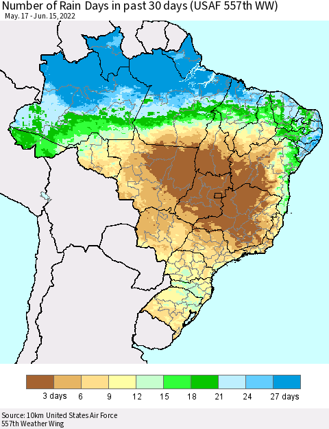 Brazil Number of Rain Days in past 30 days (USAF 557th WW) 06/15/2022 Thematic Map For 6/11/2022 - 6/15/2022