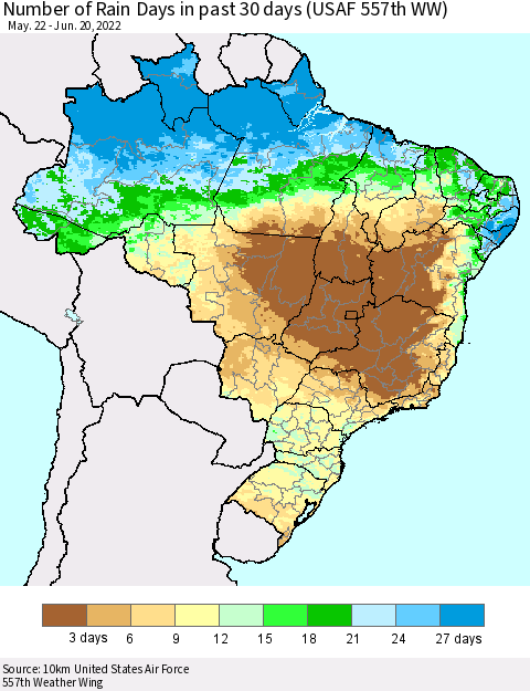 Brazil Number of Rain Days in past 30 days (USAF 557th WW) 06/20/2022 Thematic Map For 6/16/2022 - 6/20/2022
