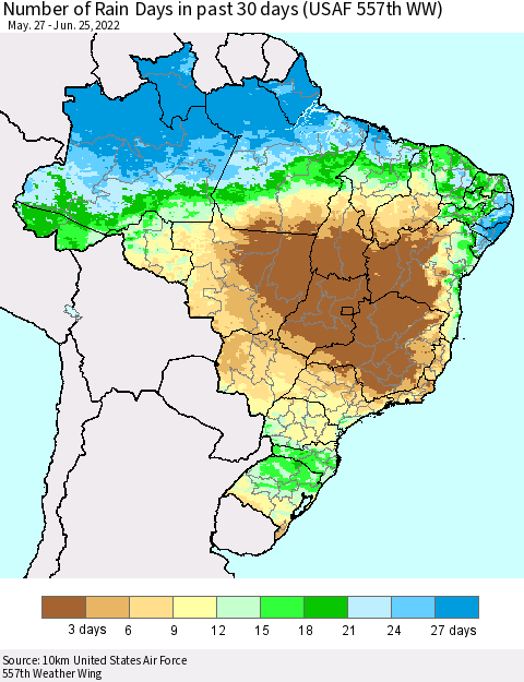 Brazil Number of Rain Days in past 30 days (USAF 557th WW) 06/25/2022 Thematic Map For 6/21/2022 - 6/25/2022