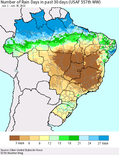 Brazil Number of Rain Days in past 30 days (USAF 557th WW) 06/30/2022 Thematic Map For 6/26/2022 - 6/30/2022