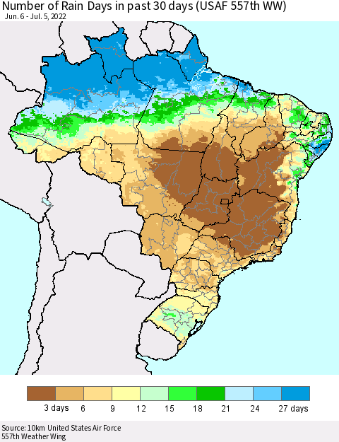 Brazil Number of Rain Days in past 30 days (USAF 557th WW) 07/05/2022 Thematic Map For 7/1/2022 - 7/5/2022